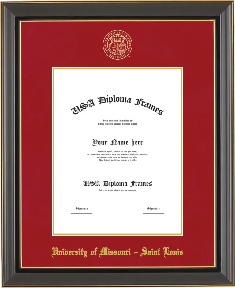 University of Missouri – Saint Louis Diploma Frame – Black Gold Trim – Crimson/Gold Mat