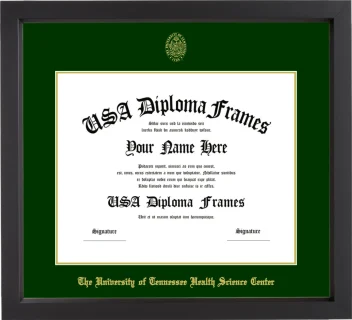 The University of Tennessee Health Science Center Diploma Frame – Black Matte – Winter Green/Gold Mat