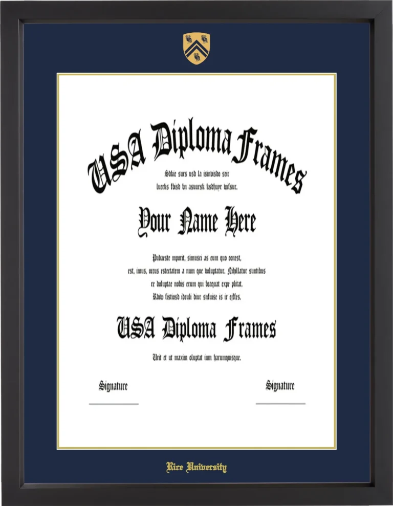 Rice University Diploma Frame – Black Matte – Navy/Gold Mat