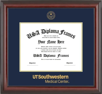 The University of Texas Southwestern Medical Center at Dallas Diploma Frame – Cherry Glossy – Navy/Gold Mat