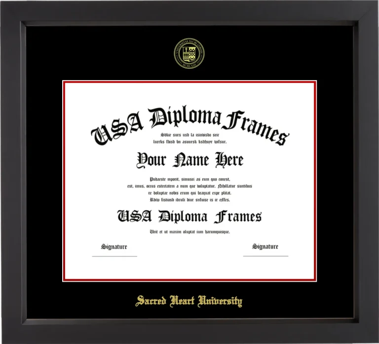Sacred Heart University Diploma Frame – Black Matte – Black/Red Mat - & Seal Gold