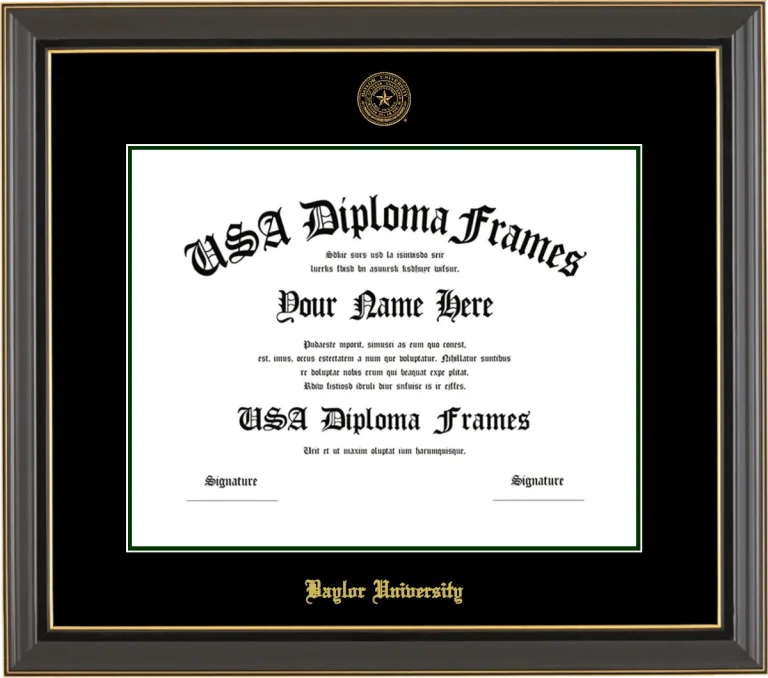Baylor University Diploma Frame – Black Gold Trim – Black Mat