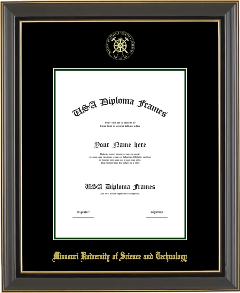 Missouri University of Science and Technology Diploma Frame – Black Gold Trim – Black/Winter Green Mat
