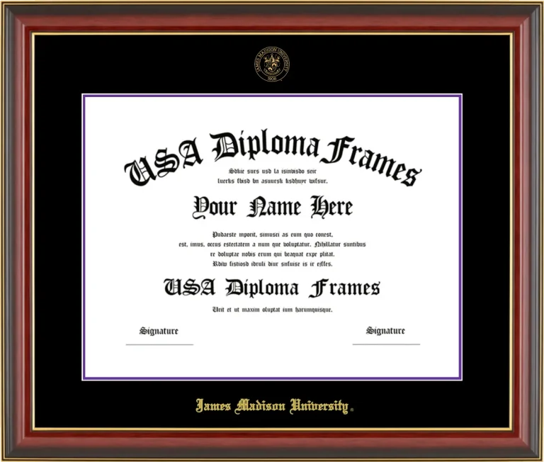 James Madison University Diploma Frame – Cherry Gold Trim – Black/Purple Mat