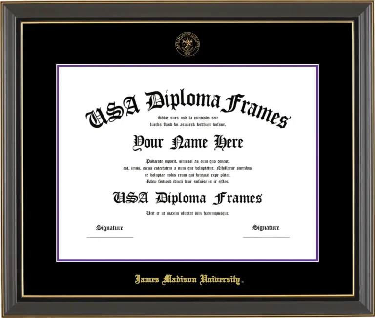 James Madison University Diploma Frame – Black Gold Trim – Black/Purple Mat