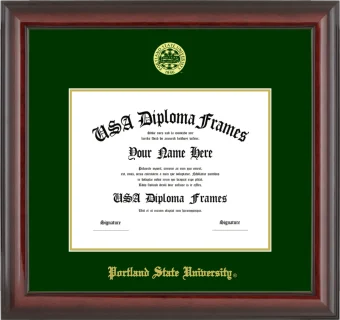 Portland State University Diploma Frame – Cherry Glossy – Winter Green Mat