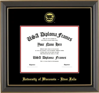 University of Wisconsin – River Falls Diploma Frame – Black Gold Trim – Black/Red Mat
