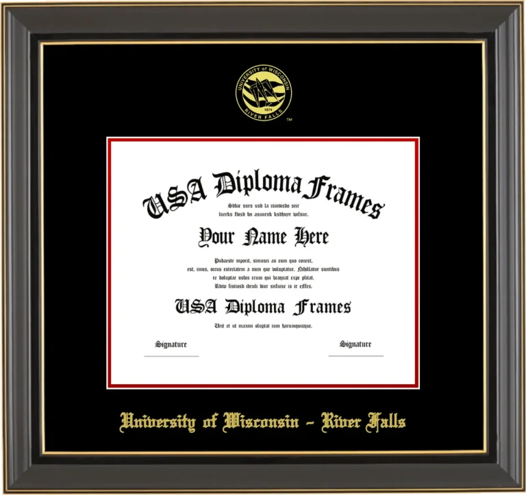 University of Wisconsin – River Falls Diploma Frame – Black Gold Trim – Black/Red Mat