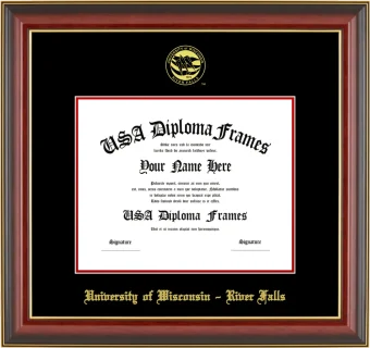 University of Wisconsin – River Falls Diploma Frame – Cherry Gold Trim – Black/Red Mat