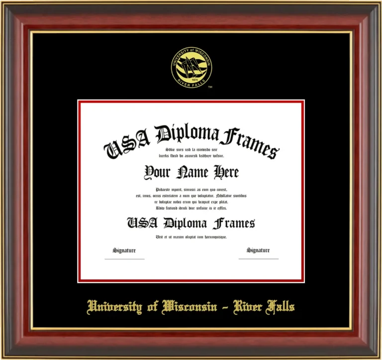 University of Wisconsin – River Falls Diploma Frame – Cherry Gold Trim – Black/Red Mat