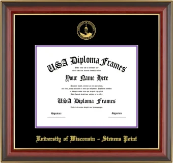 University of Wisconsin – Stevens Point Diploma Frame – Cherry Gold Trim – Black/Purple Mat