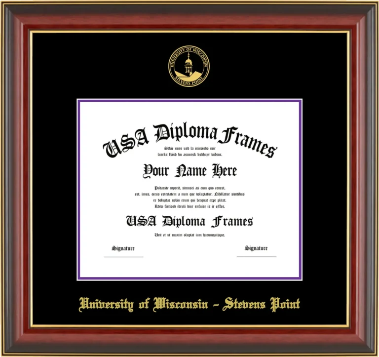 University of Wisconsin – Stevens Point Diploma Frame – Cherry Gold Trim – Black/Purple Mat