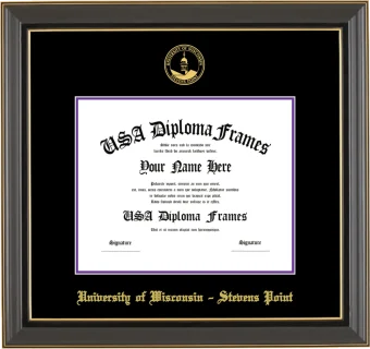 University of Wisconsin – Stevens Point Diploma Frame – Black Gold Trim – Black/Purple Mat