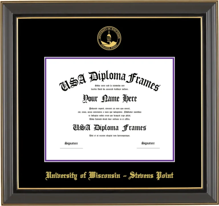 University of Wisconsin – Stevens Point Diploma Frame – Black Gold Trim – Black/Purple Mat