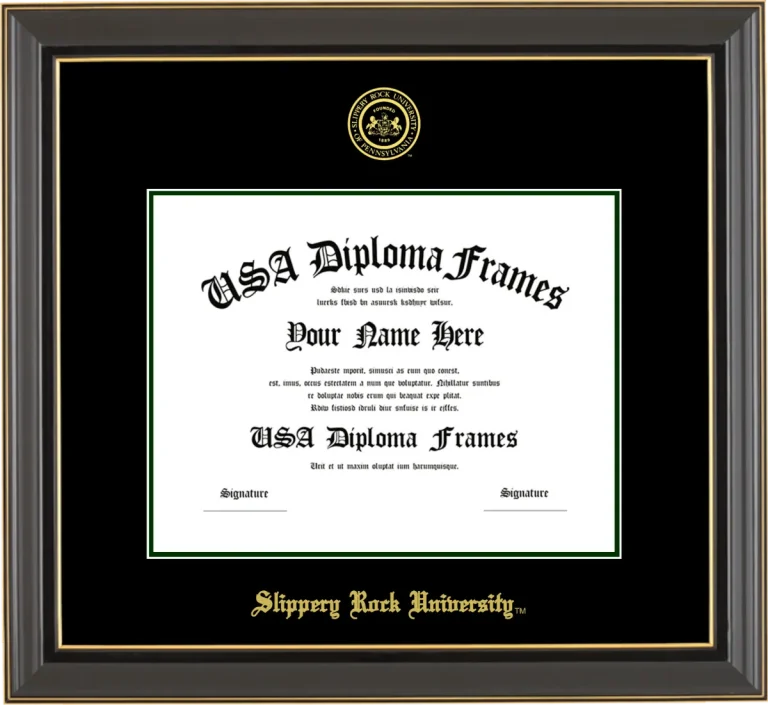 Slippery Rock University Diploma Frame – Black Gold Trim – Black/Winter Green Mat